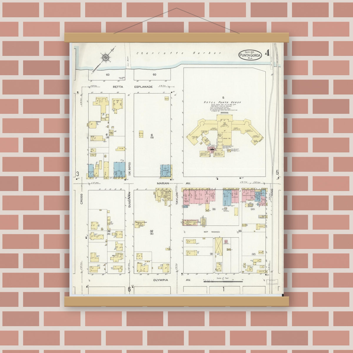 Old map wall art mockup — magnetic wood frame on brick wall — Sanborn Fire Insurance Map from Punta Gorda, Charlotte County, Florida (1914), Sheet #0004