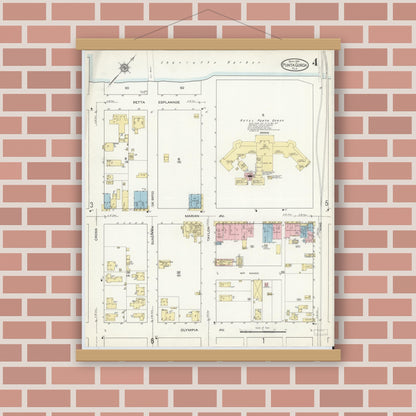 Old map wall art mockup — magnetic wood frame on brick wall — Sanborn Fire Insurance Map from Punta Gorda, Charlotte County, Florida (1914), Sheet #0004