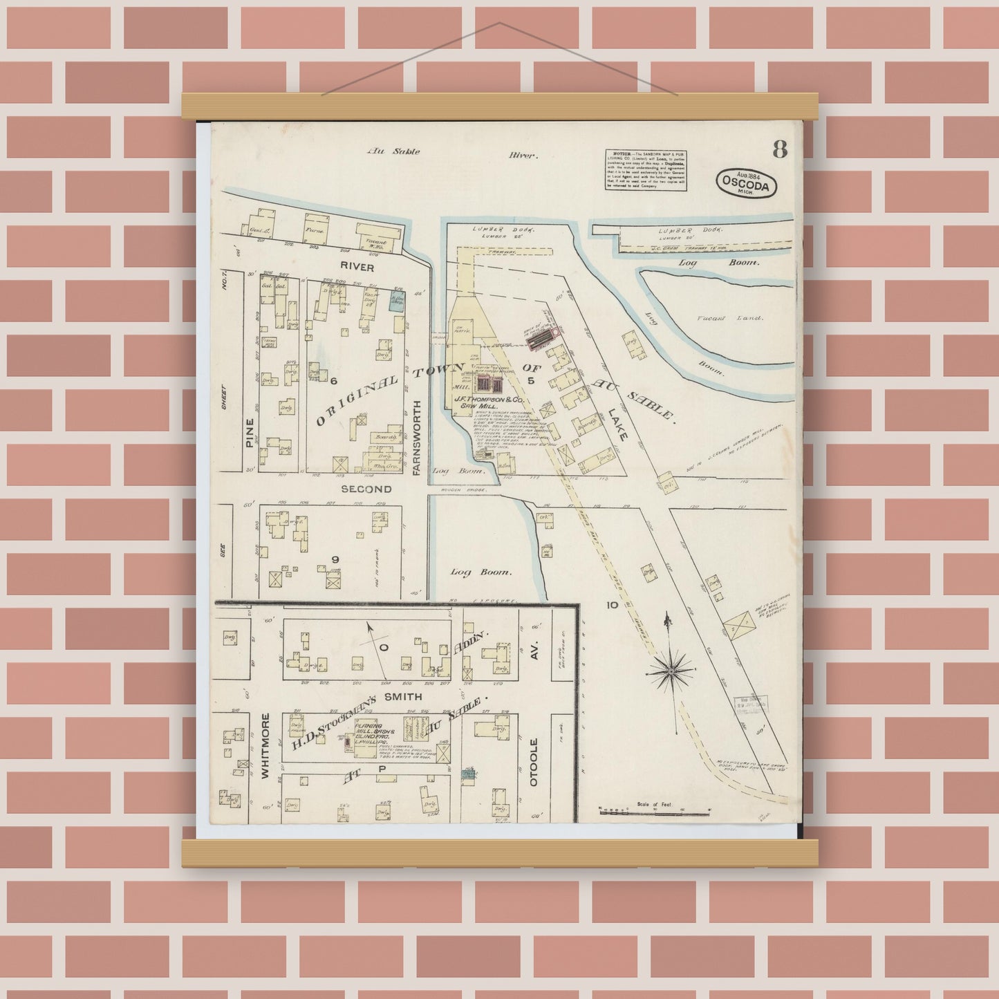Old map wall art mockup — magnetic wood frame on brick wall — Sanborn Fire Insurance Map from Oscoda, Iosco County, Michigan (1884), Sheet #0008