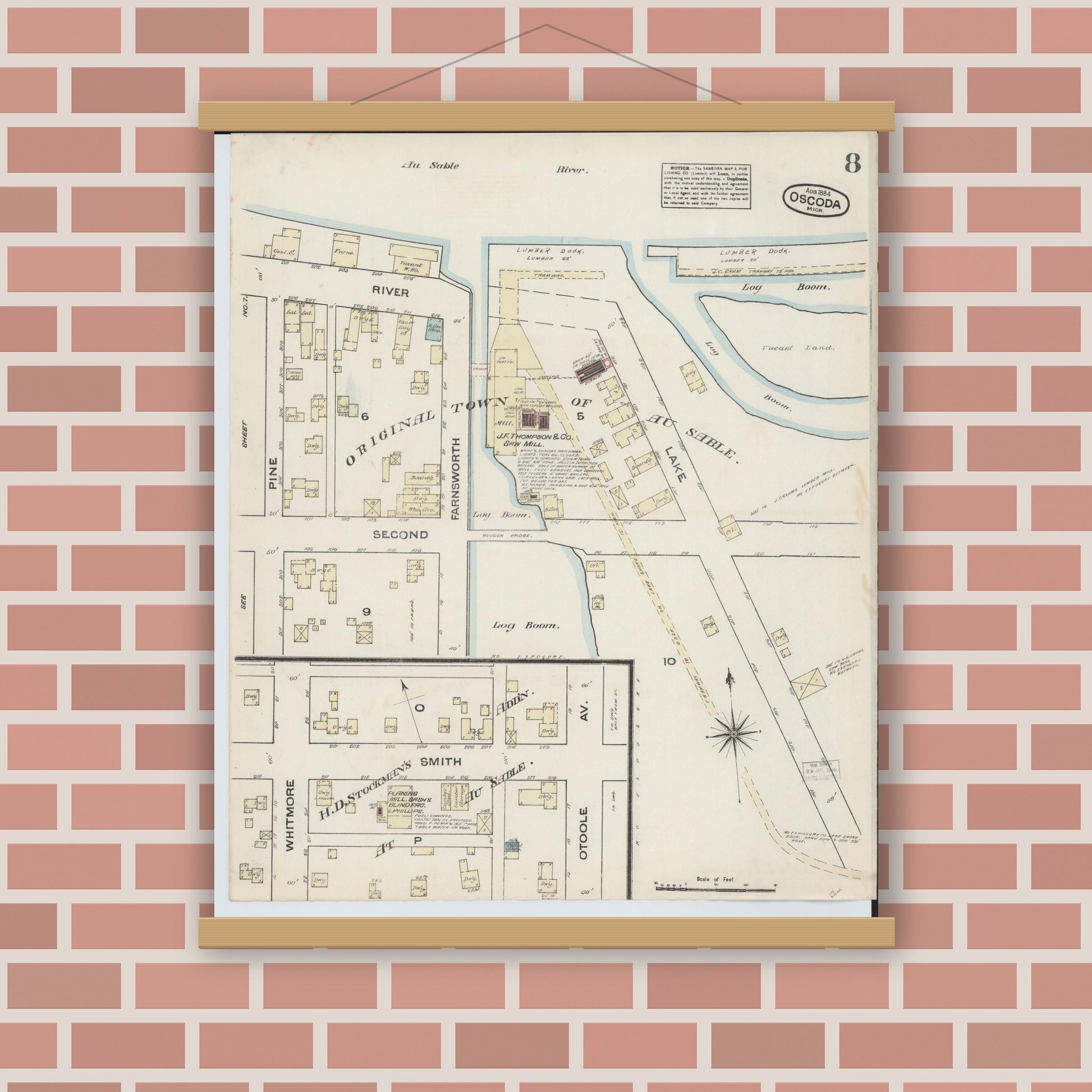 Old map wall art mockup — magnetic wood frame on brick wall — Sanborn Fire Insurance Map from Oscoda, Iosco County, Michigan (1884), Sheet #0008