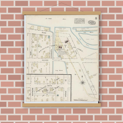 Old map wall art mockup — magnetic wood frame on brick wall — Sanborn Fire Insurance Map from Oscoda, Iosco County, Michigan (1884), Sheet #0008