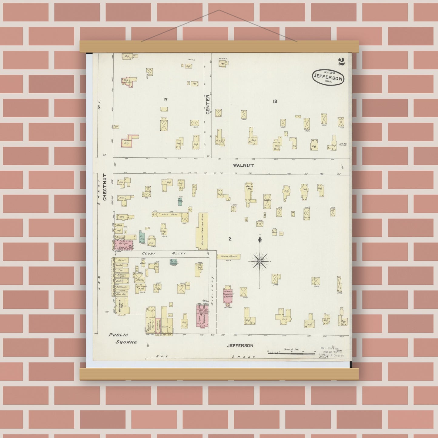 Old map wall art mockup — magnetic wood frame on brick wall — Sanborn Fire Insurance Map from Jefferson, Ashtabula County, Ohio (1890), Sheet #0002