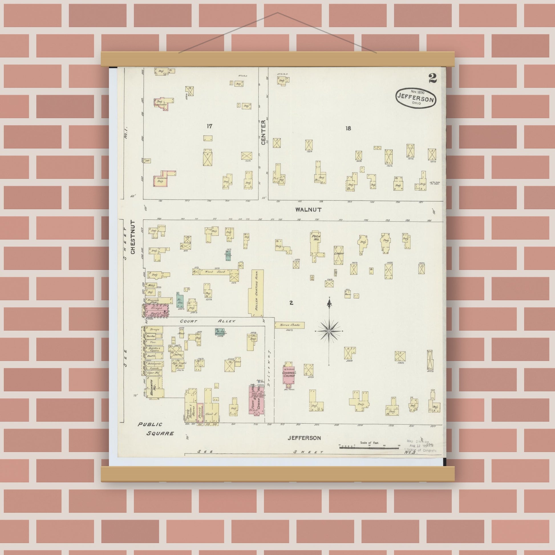 Old map wall art mockup — magnetic wood frame on brick wall — Sanborn Fire Insurance Map from Jefferson, Ashtabula County, Ohio (1890), Sheet #0002