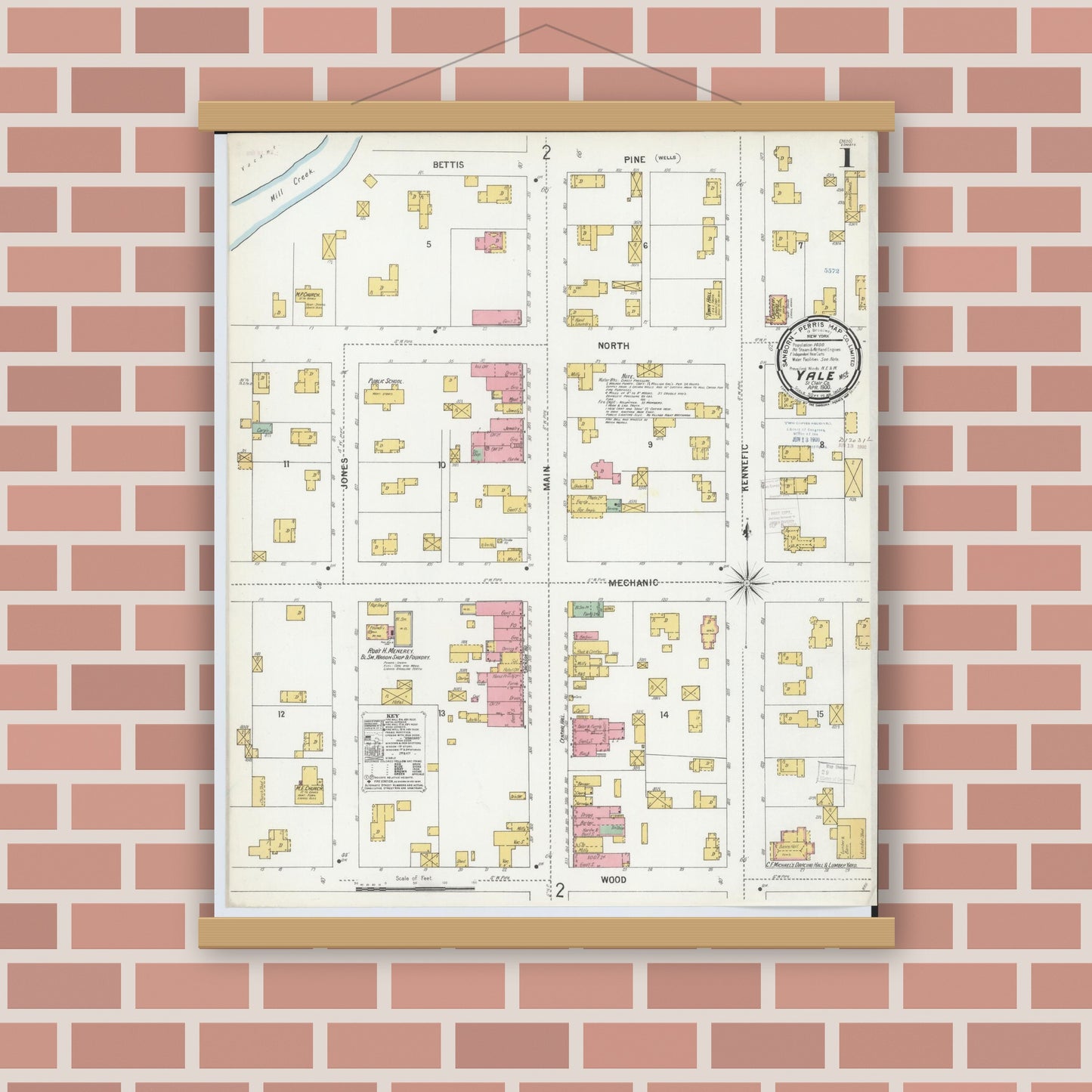 Old map wall art mockup — magnetic wood frame on brick wall — Sanborn Fire Insurance Map from Yale, Saint Clair County, Michigan (1900) - Complete Map Set