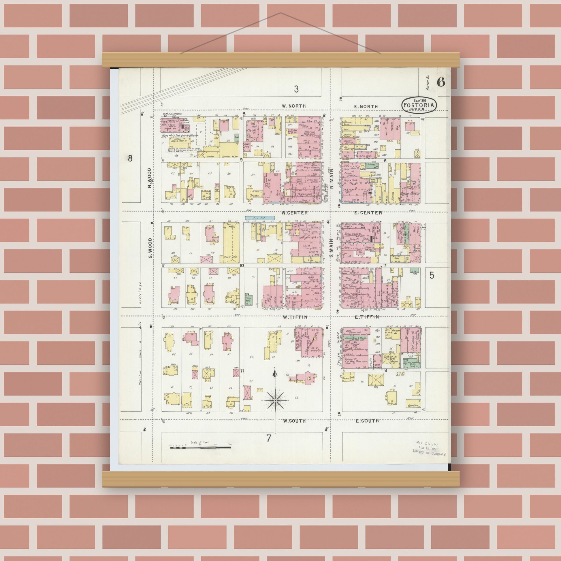 Old map wall art mockup — magnetic wood frame on brick wall — Sanborn Fire Insurance Map from Fostoria, Seneca, Hancock, And Wood Counties, Ohio (1896), Sheet #0006