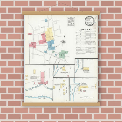 Old map wall art mockup — magnetic wood frame on brick wall — Sanborn Fire Insurance Map from Mount Airy, Surry County, North Carolina (1900), Sheet #0001