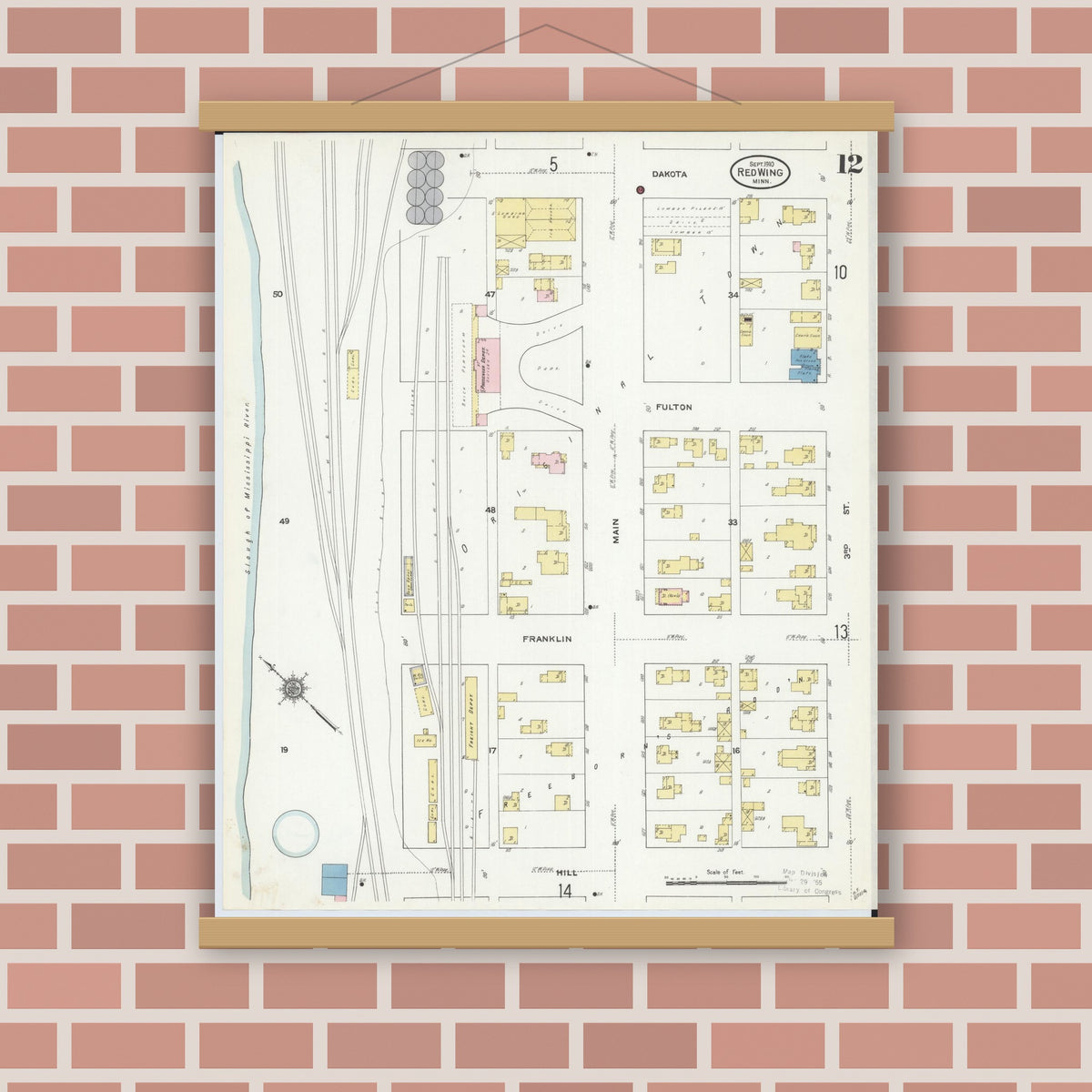 Old map wall art mockup — magnetic wood frame on brick wall — Sanborn Fire Insurance Map from Red Wing, Goodhue County, Minnesota (1910), Sheet #0012