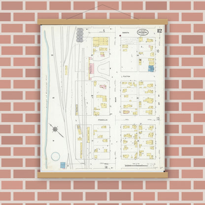 Old map wall art mockup — magnetic wood frame on brick wall — Sanborn Fire Insurance Map from Red Wing, Goodhue County, Minnesota (1910), Sheet #0012