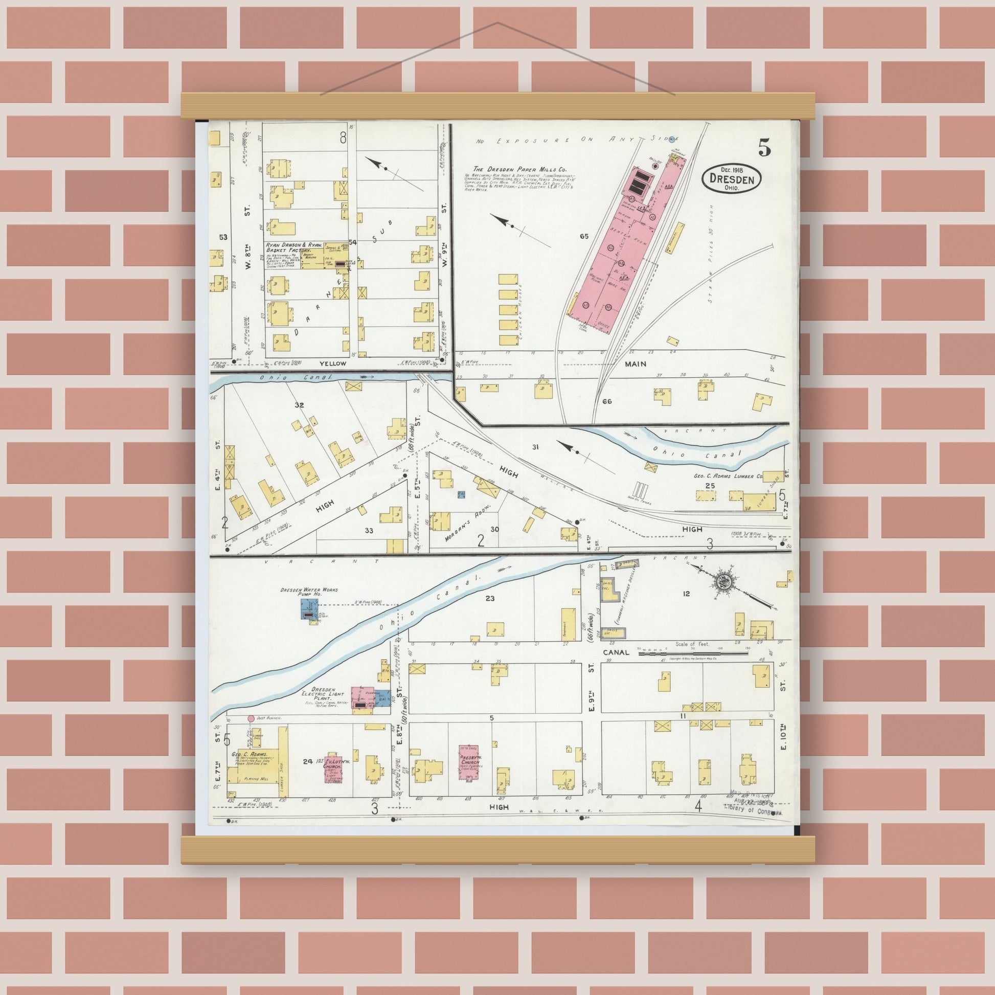 Old map wall art mockup — magnetic wood frame on brick wall — Sanborn Fire Insurance Map from Dresden, Muskingum County, Ohio (1918), Sheet #0005