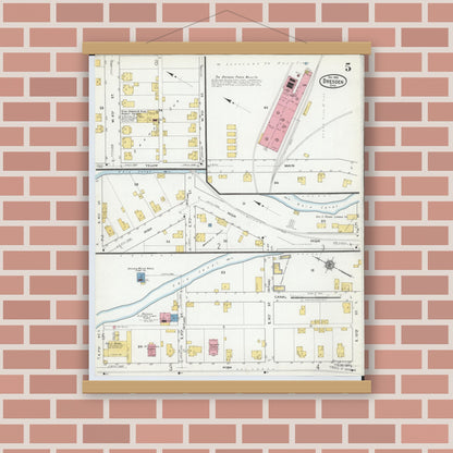 Old map wall art mockup — magnetic wood frame on brick wall — Sanborn Fire Insurance Map from Dresden, Muskingum County, Ohio (1918), Sheet #0005