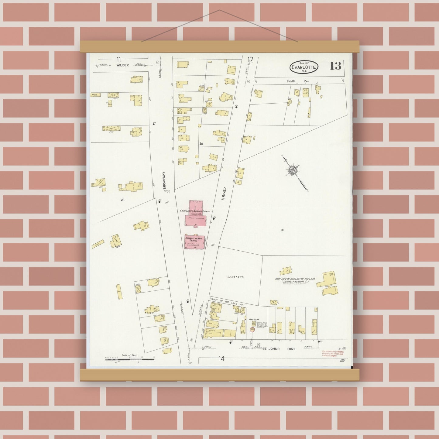 Old map wall art mockup — magnetic wood frame on brick wall — Sanborn Fire Insurance Map from Charlotte, Monroe County, New York (1912), Sheet #0013