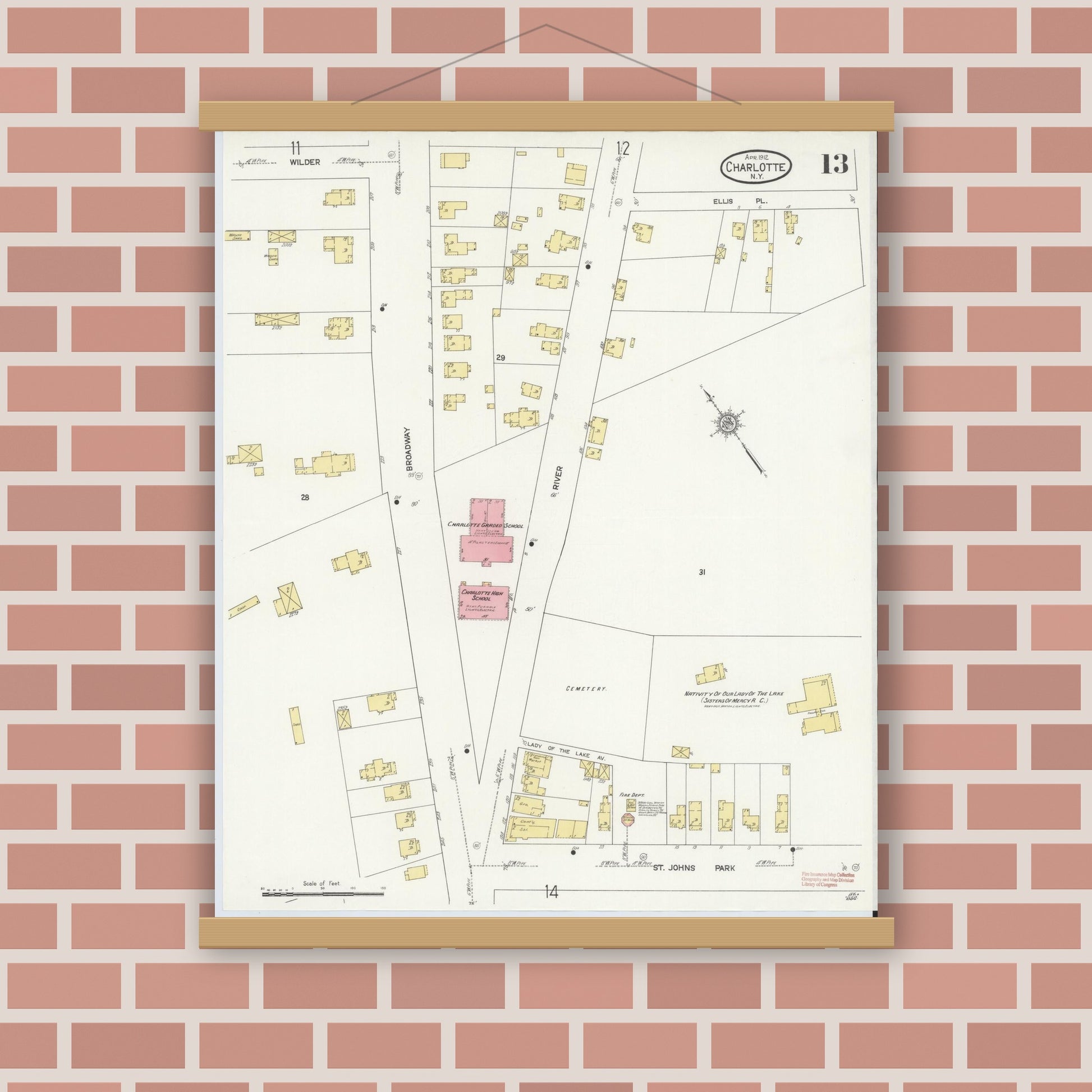 Old map wall art mockup — magnetic wood frame on brick wall — Sanborn Fire Insurance Map from Charlotte, Monroe County, New York (1912), Sheet #0013