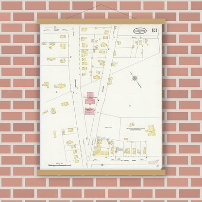 Old map wall art mockup — magnetic wood frame on brick wall — Sanborn Fire Insurance Map from Charlotte, Monroe County, New York (1912), Sheet #0013