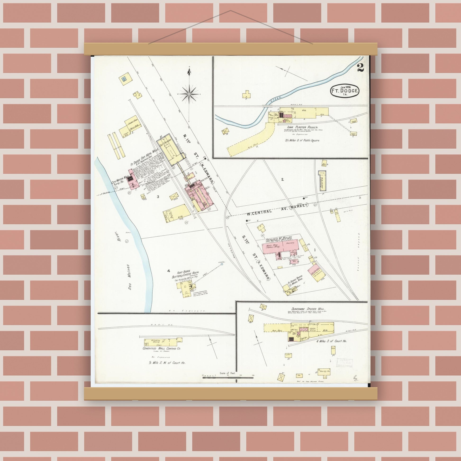Old map wall art mockup — magnetic wood frame on brick wall — Sanborn Fire Insurance Map from Fort Dodge, Webster County, Iowa (1896), Sheet #0002