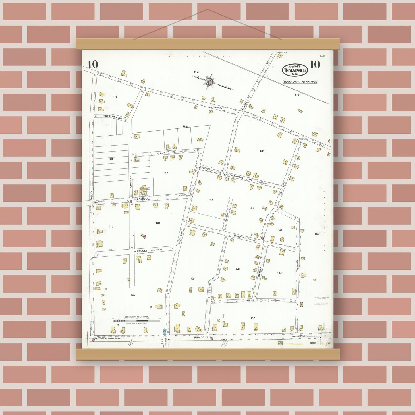 Old map wall art mockup — magnetic wood frame on brick wall — Sanborn Fire Insurance Map from Thomasville, Davidson County, North Carolina (1923), Sheet #0010