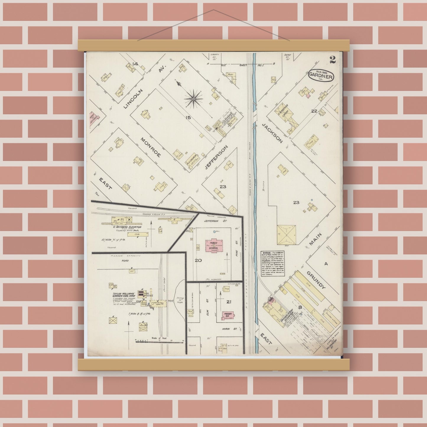 Old map wall art mockup — magnetic wood frame on brick wall — Sanborn Fire Insurance Map from Gardner, Grundy County, Illinois (1885), Sheet #0002