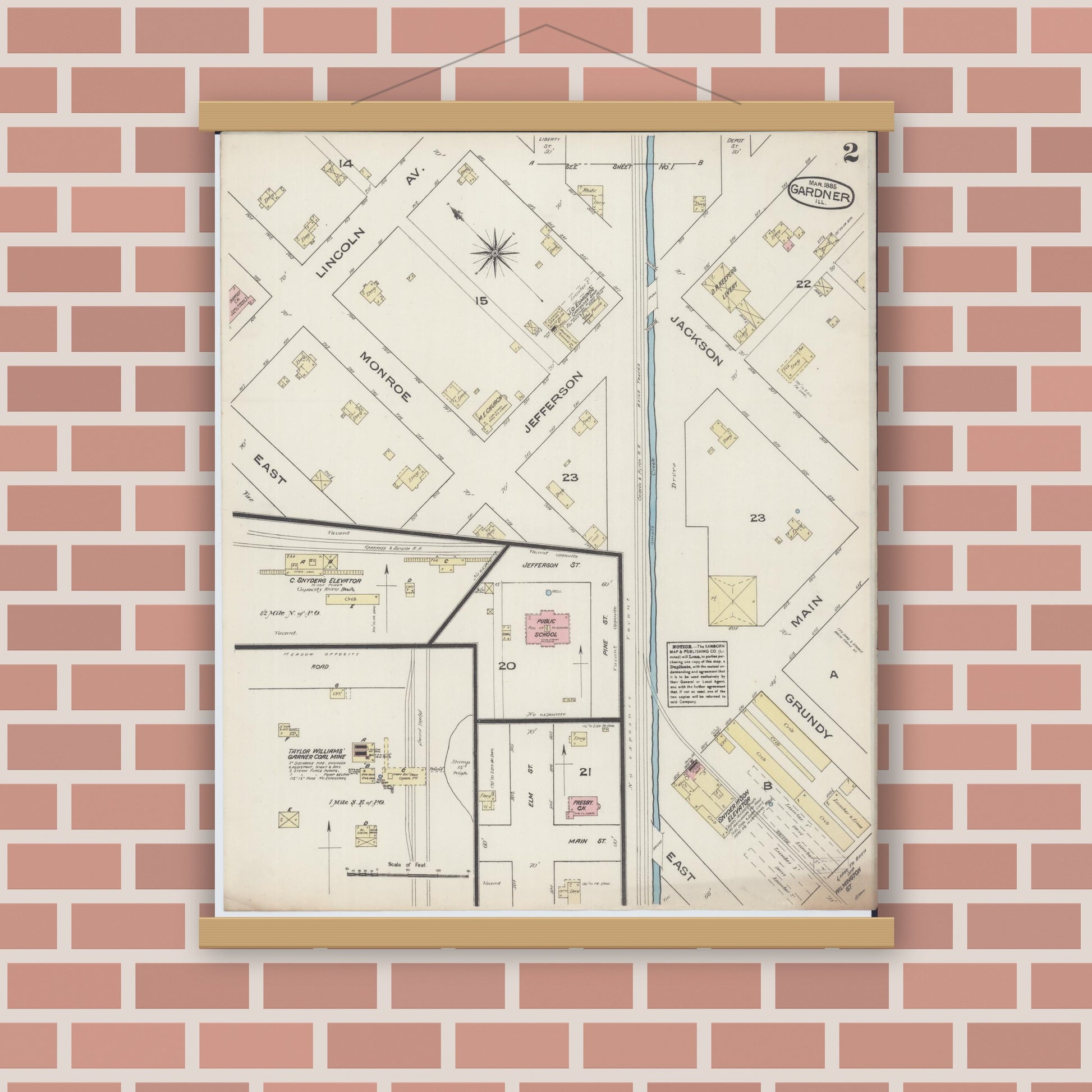 Old map wall art mockup — magnetic wood frame on brick wall — Sanborn Fire Insurance Map from Gardner, Grundy County, Illinois (1885), Sheet #0002