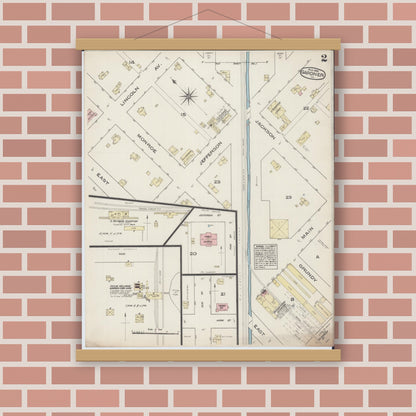 Old map wall art mockup — magnetic wood frame on brick wall — Sanborn Fire Insurance Map from Gardner, Grundy County, Illinois (1885), Sheet #0002