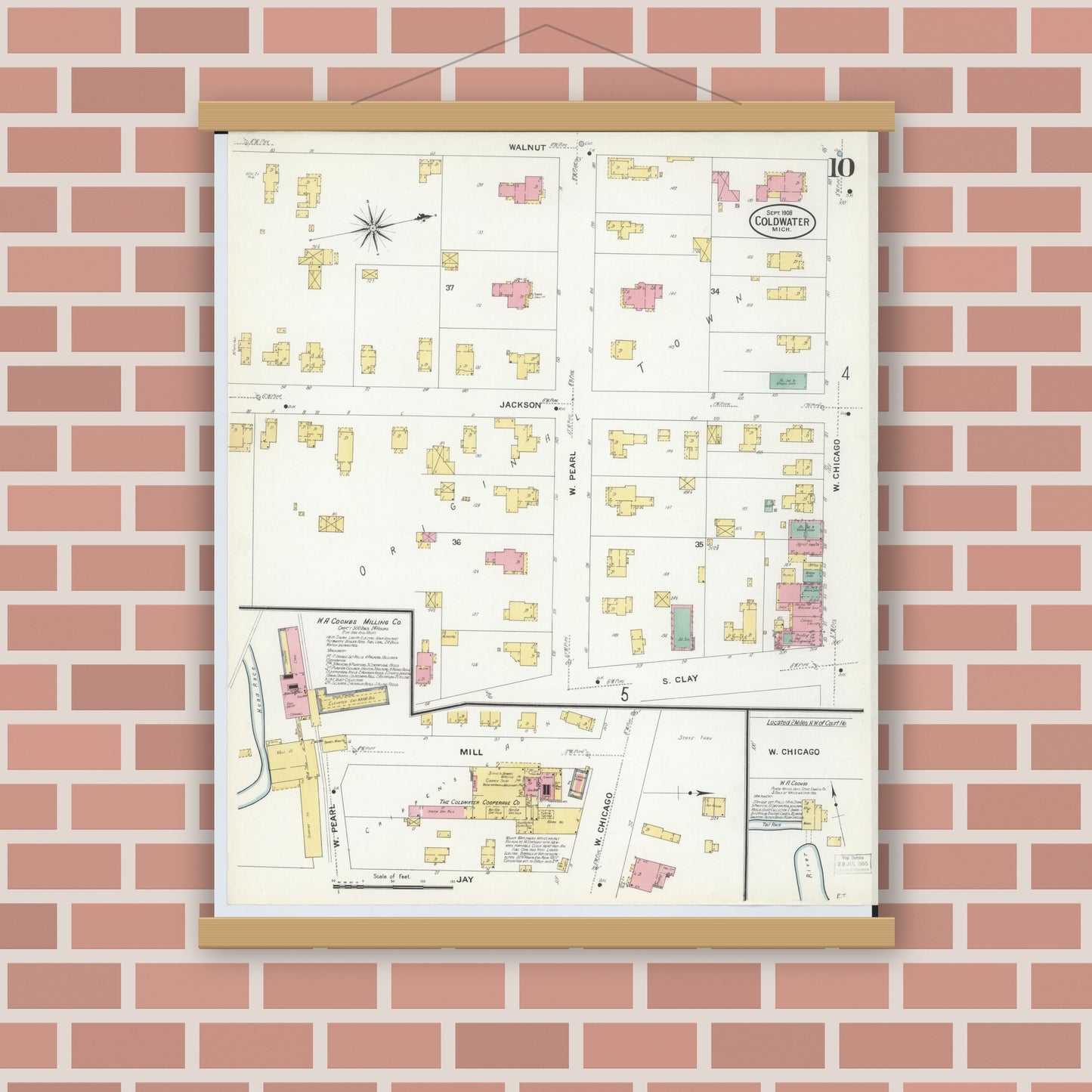 Old map wall art mockup — magnetic wood frame on brick wall — Sanborn Fire Insurance Map from Coldwater, Branch County, Michigan (1908), Sheet #0010