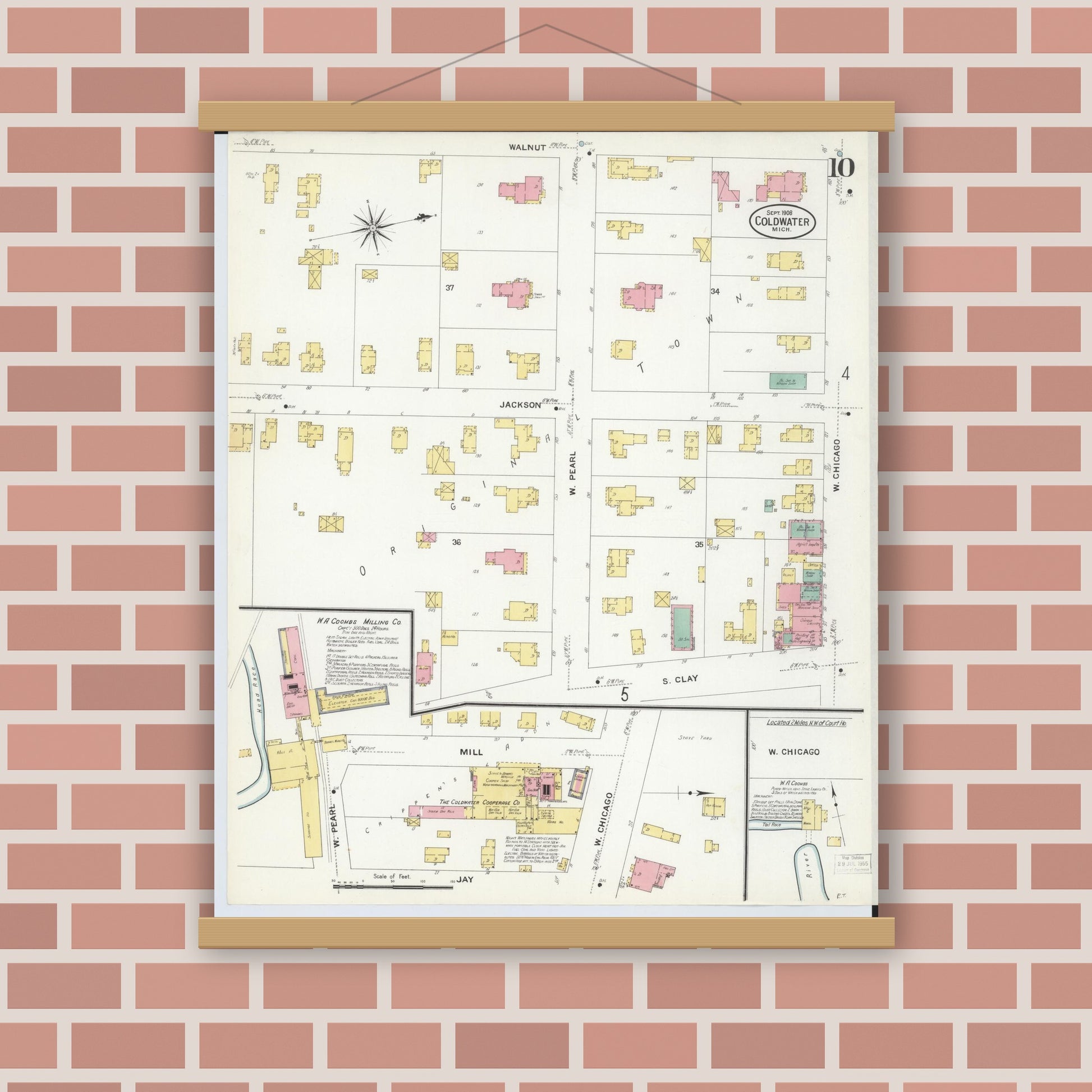 Old map wall art mockup — magnetic wood frame on brick wall — Sanborn Fire Insurance Map from Coldwater, Branch County, Michigan (1908), Sheet #0010