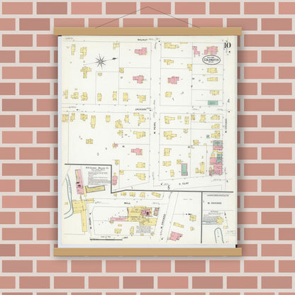 Old map wall art mockup — magnetic wood frame on brick wall — Sanborn Fire Insurance Map from Coldwater, Branch County, Michigan (1908), Sheet #0010