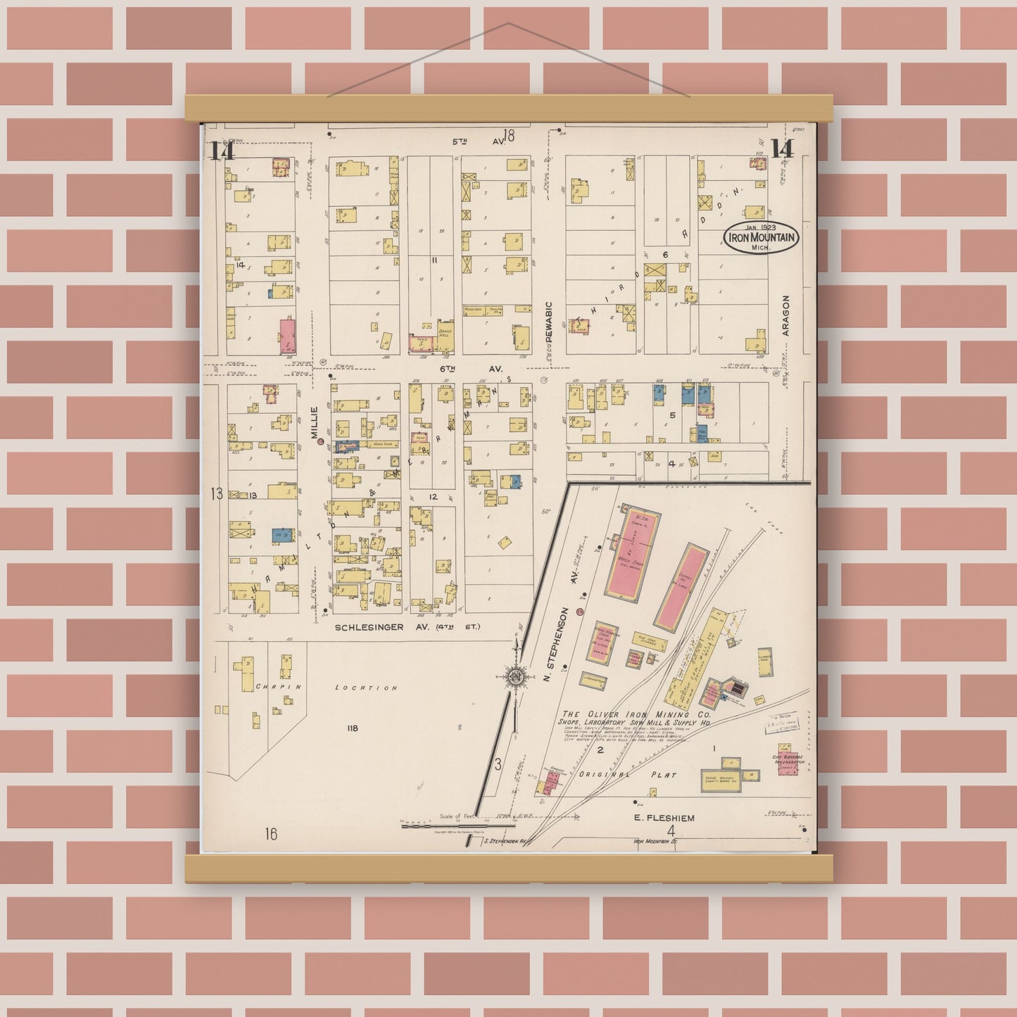 Old map wall art mockup — magnetic wood frame on brick wall — Sanborn Fire Insurance Map from Iron Mountain, Dickinson County, Michigan (1923), Sheet #0014