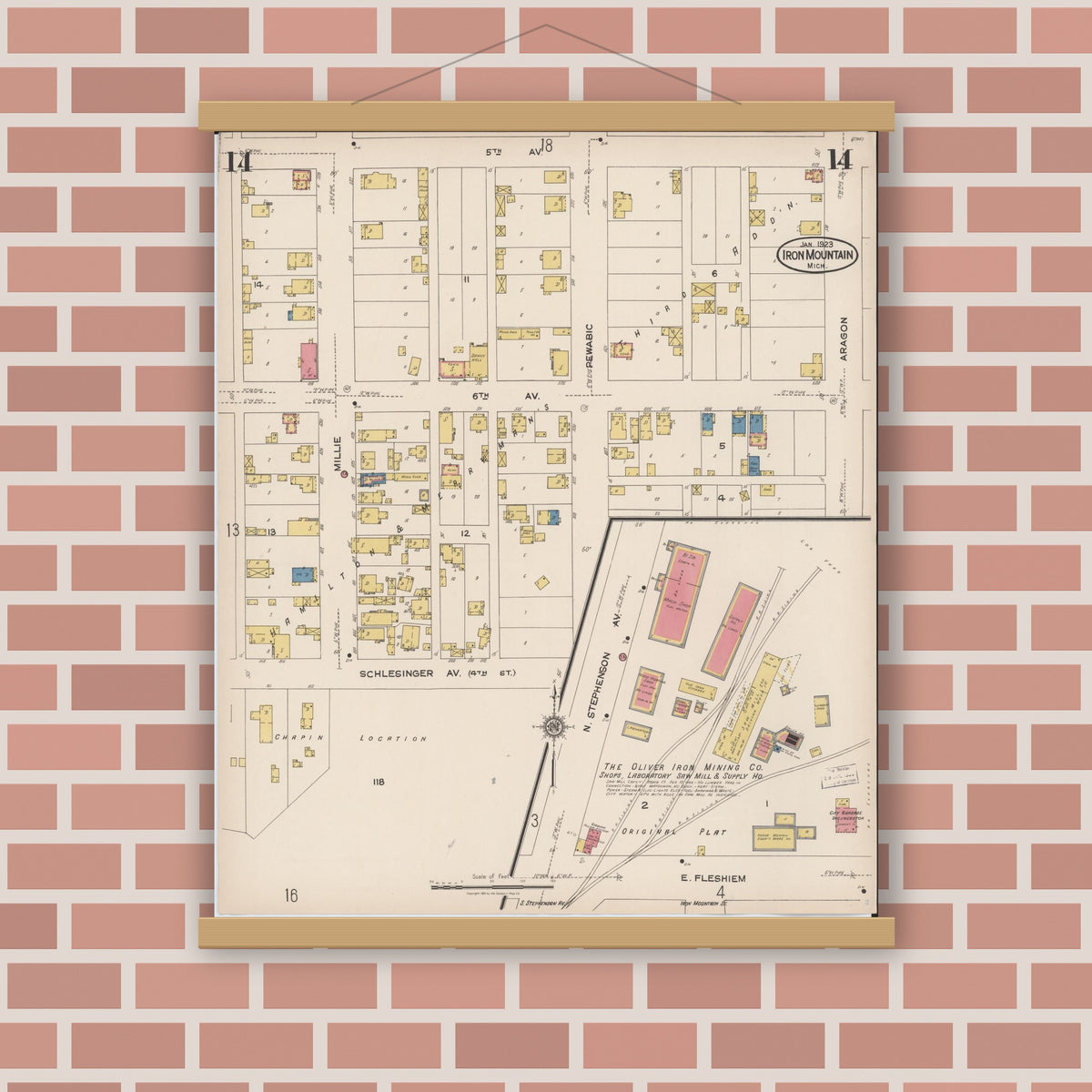 Old map wall art mockup — magnetic wood frame on brick wall — Sanborn Fire Insurance Map from Iron Mountain, Dickinson County, Michigan (1923), Sheet #0014