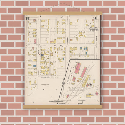 Old map wall art mockup — magnetic wood frame on brick wall — Sanborn Fire Insurance Map from Iron Mountain, Dickinson County, Michigan (1923), Sheet #0014