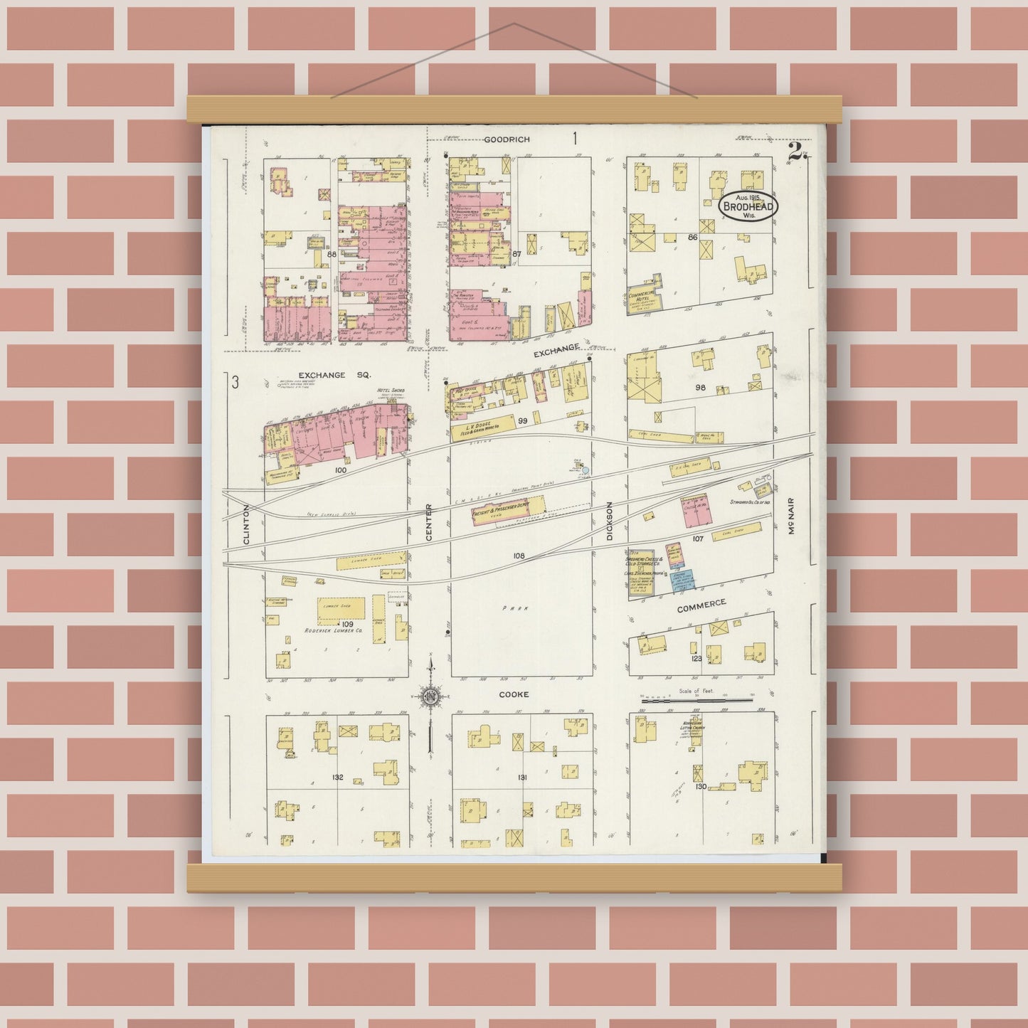 Old map wall art mockup — magnetic wood frame on brick wall — Sanborn Fire Insurance Map from Brodhead, Green County, Wisconsin (1915), Sheet #0002
