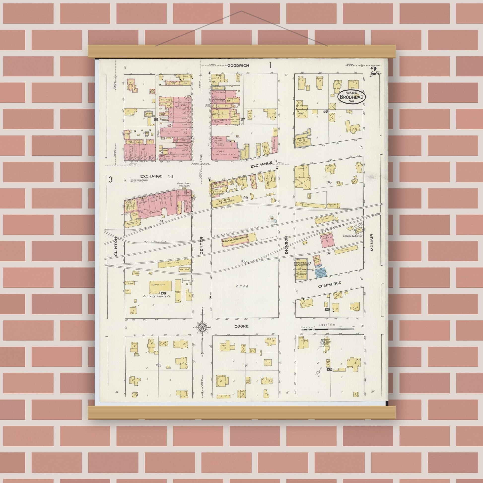 Old map wall art mockup — magnetic wood frame on brick wall — Sanborn Fire Insurance Map from Brodhead, Green County, Wisconsin (1915), Sheet #0002