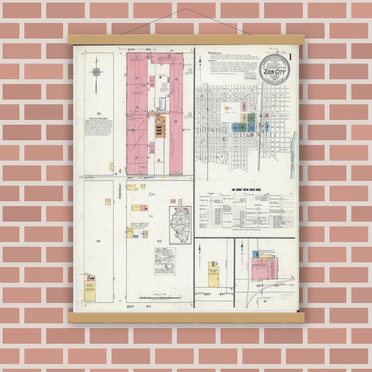 Old map wall art mockup — magnetic wood frame on brick wall — Sanborn Fire Insurance Map from Zion, Lake County, Illinois (1918), Sheet #0001