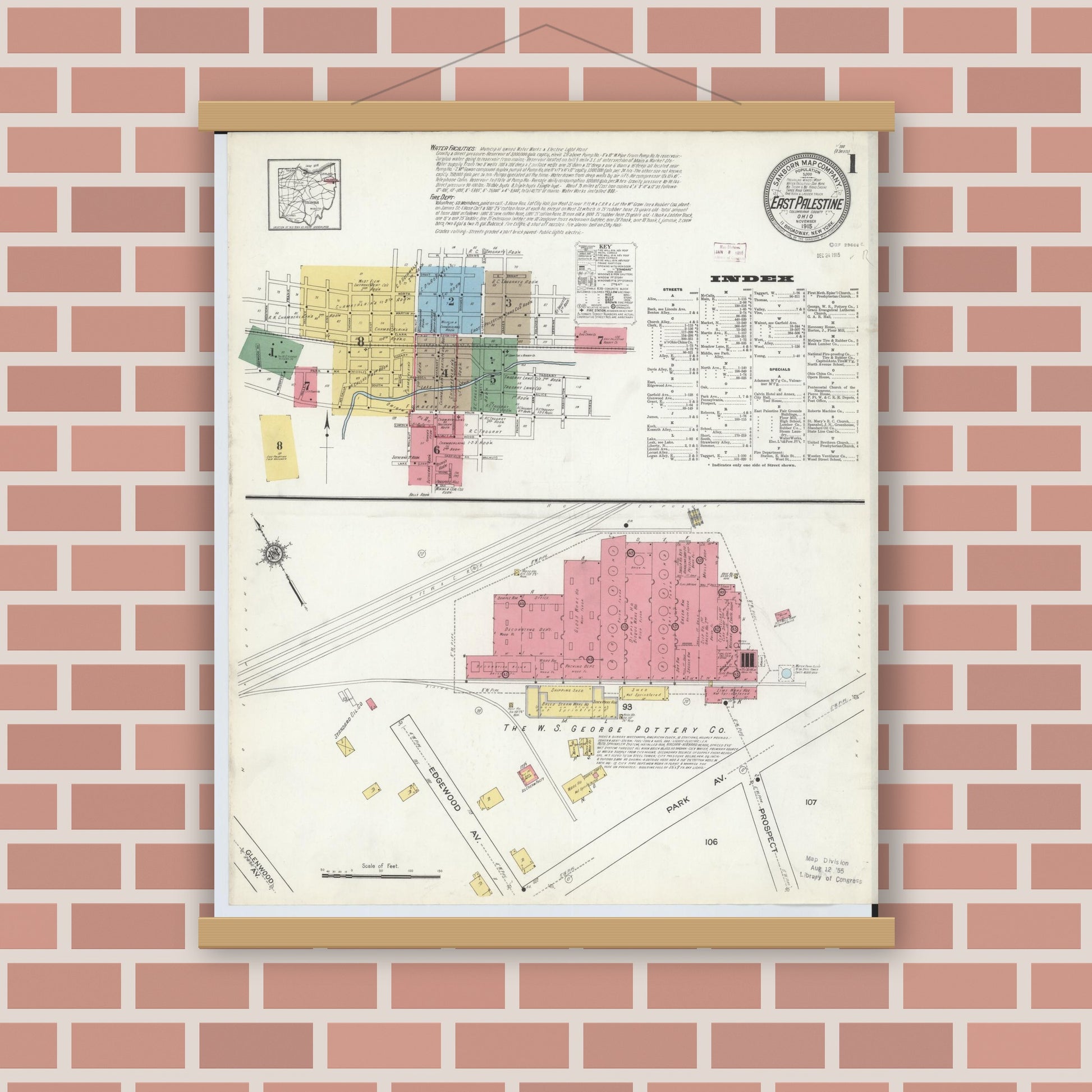 Old map wall art mockup — magnetic wood frame on brick wall — Sanborn Fire Insurance Map from East Palestine, Columbiana County, Ohio (1915), Sheet #0001