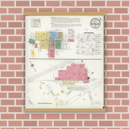 Old map wall art mockup — magnetic wood frame on brick wall — Sanborn Fire Insurance Map from East Palestine, Columbiana County, Ohio (1915), Sheet #0001