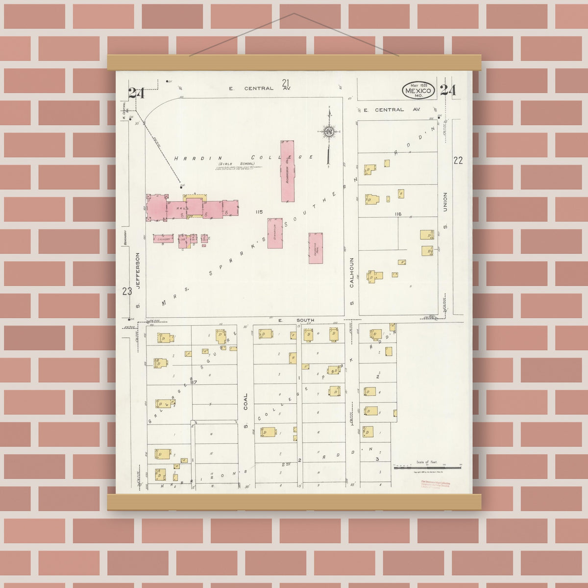 Old map wall art mockup — magnetic wood frame on brick wall — Sanborn Fire Insurance Map from Mexico, Audrain County, Missouri (1926), Sheet #0024