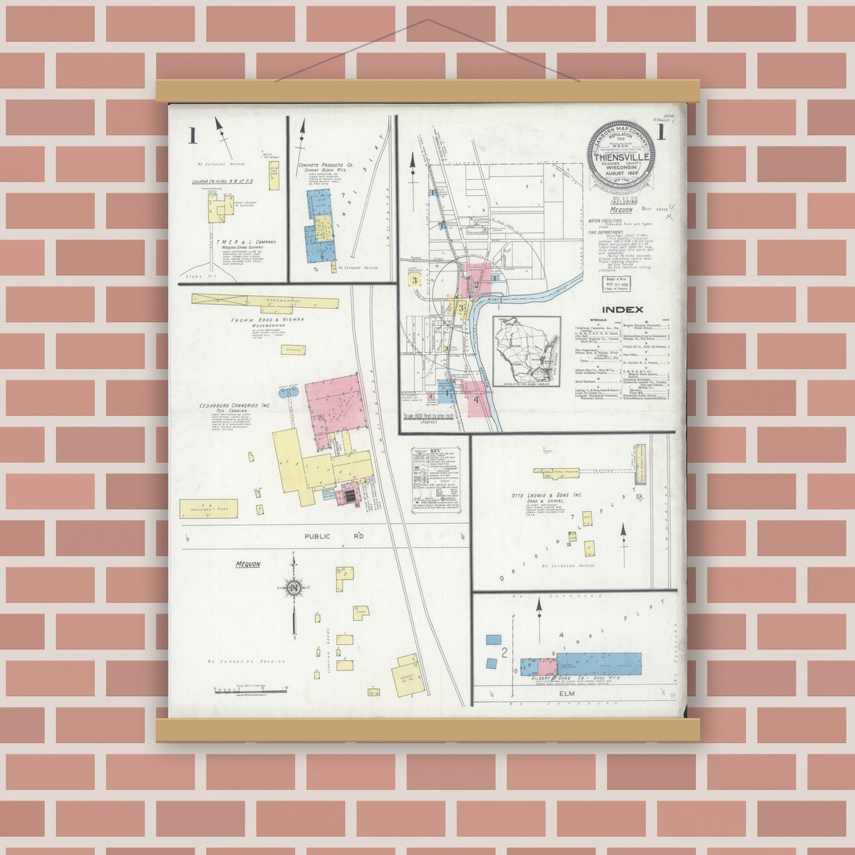 Old map wall art mockup — magnetic wood frame on brick wall — Sanborn Fire Insurance Map from Thiensville, Ozaukee County, Wisconsin (1929), Sheet #0001