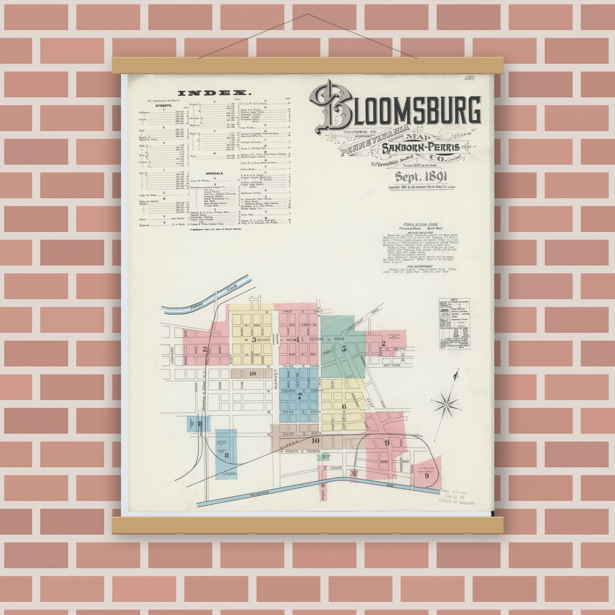 Old map wall art mockup — magnetic wood frame on brick wall — Sanborn Fire Insurance Map from Bloomsburg, Columbia County, Pennsylvania (1891) - Complete Map Set