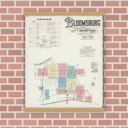 Old map wall art mockup — magnetic wood frame on brick wall — Sanborn Fire Insurance Map from Bloomsburg, Columbia County, Pennsylvania (1891) - Complete Map Set