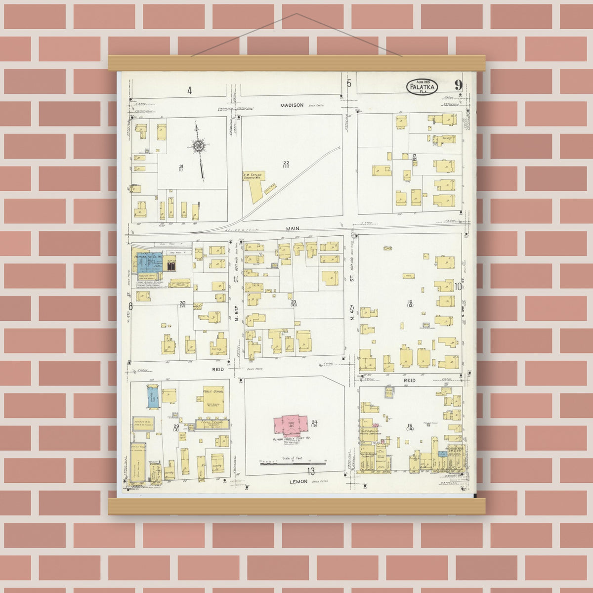 Old map wall art mockup — magnetic wood frame on brick wall — Sanborn Fire Insurance Map from Palatka, Putnam County, Florida (1915), Sheet #0009