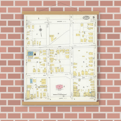 Old map wall art mockup — magnetic wood frame on brick wall — Sanborn Fire Insurance Map from Palatka, Putnam County, Florida (1915), Sheet #0009