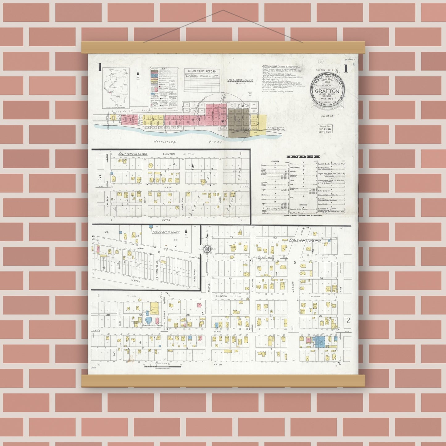 Old map wall art mockup — magnetic wood frame on brick wall — Sanborn Fire Insurance Map from Grafton, Jersey County, Illinois (1936), Sheet #0001
