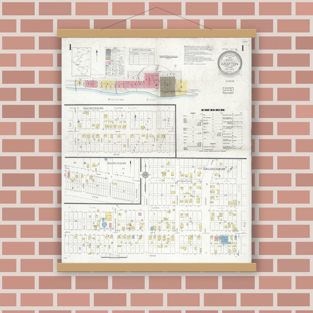 Old map wall art mockup — magnetic wood frame on brick wall — Sanborn Fire Insurance Map from Grafton, Jersey County, Illinois (1936), Sheet #0001