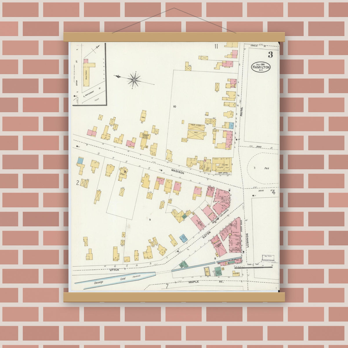 Old map wall art mockup — magnetic wood frame on brick wall — Sanborn Fire Insurance Map from Hamilton, Madison County, New York (1906), Sheet #0003