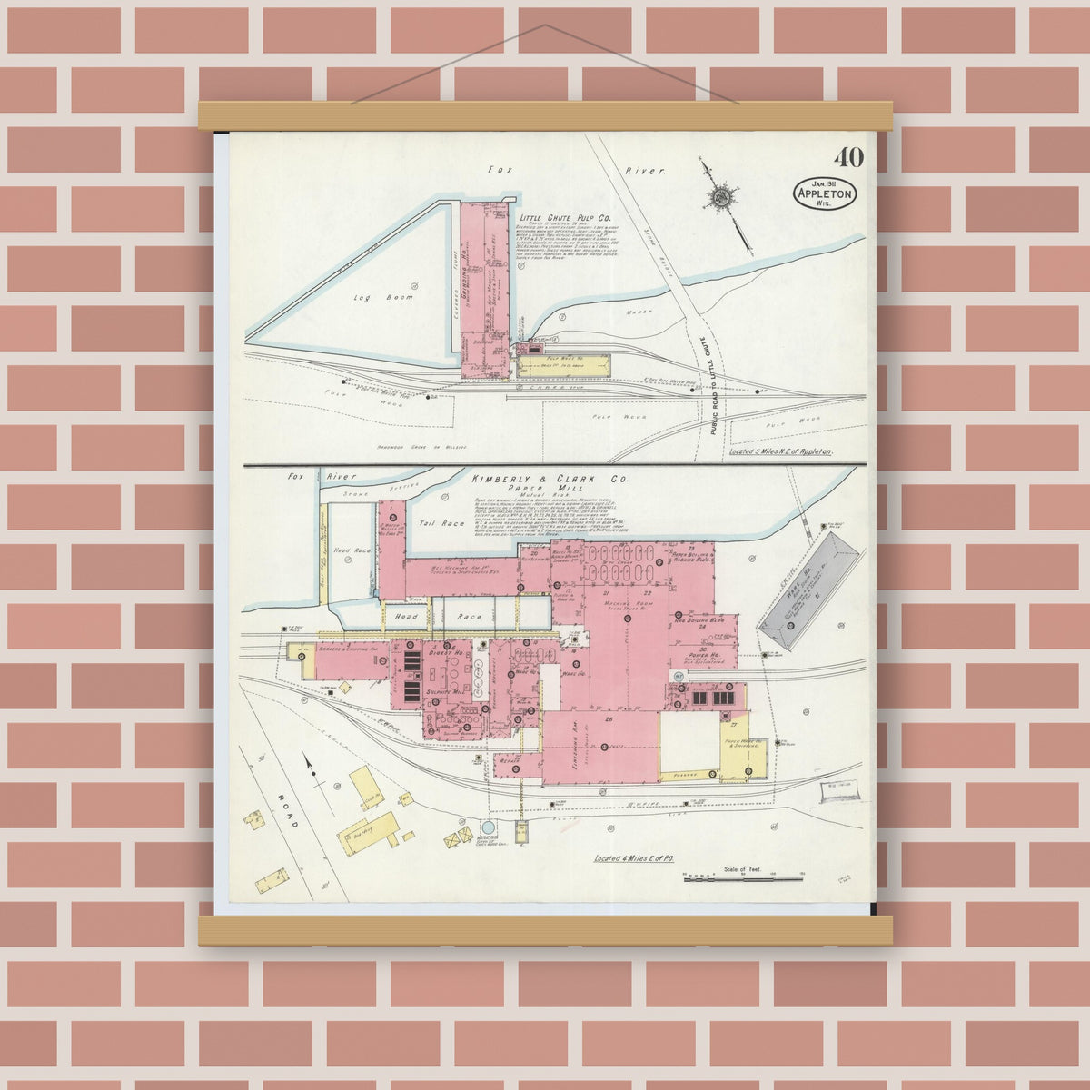Old map wall art mockup — magnetic wood frame on brick wall — Sanborn Fire Insurance Map from Appleton, Outagamie County, Wisconsin (1911), Sheet #0040