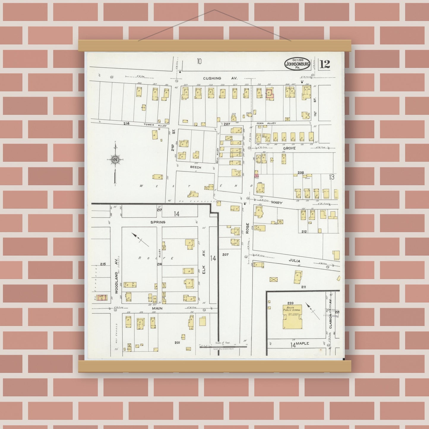 Old map wall art mockup — magnetic wood frame on brick wall — Sanborn Fire Insurance Map from Johnsonburg, Elk County, Pennsylvania (1919), Sheet #0012