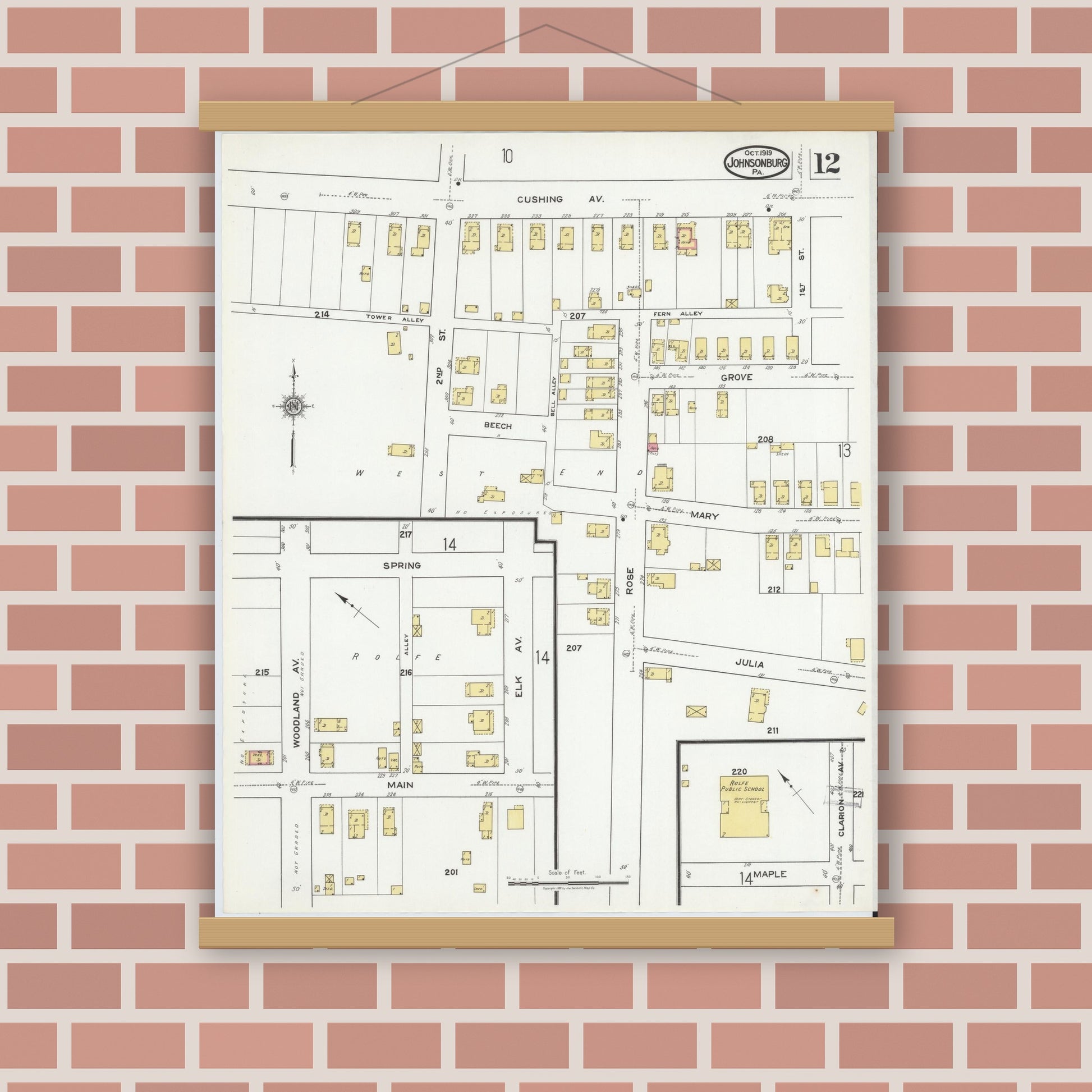 Old map wall art mockup — magnetic wood frame on brick wall — Sanborn Fire Insurance Map from Johnsonburg, Elk County, Pennsylvania (1919), Sheet #0012