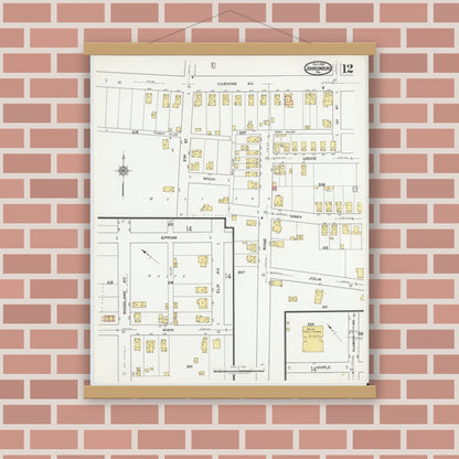 Old map wall art mockup — magnetic wood frame on brick wall — Sanborn Fire Insurance Map from Johnsonburg, Elk County, Pennsylvania (1919), Sheet #0012