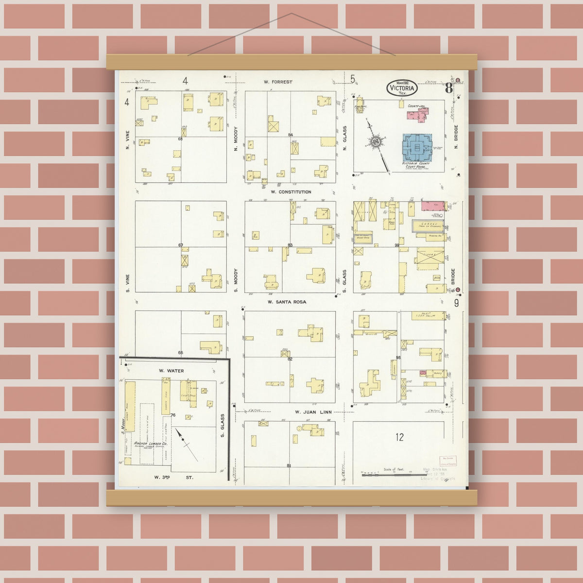 Old map wall art mockup — magnetic wood frame on brick wall — Sanborn Fire Insurance Map from Victoria, Victoria County, Texas (1912), Sheet #0008