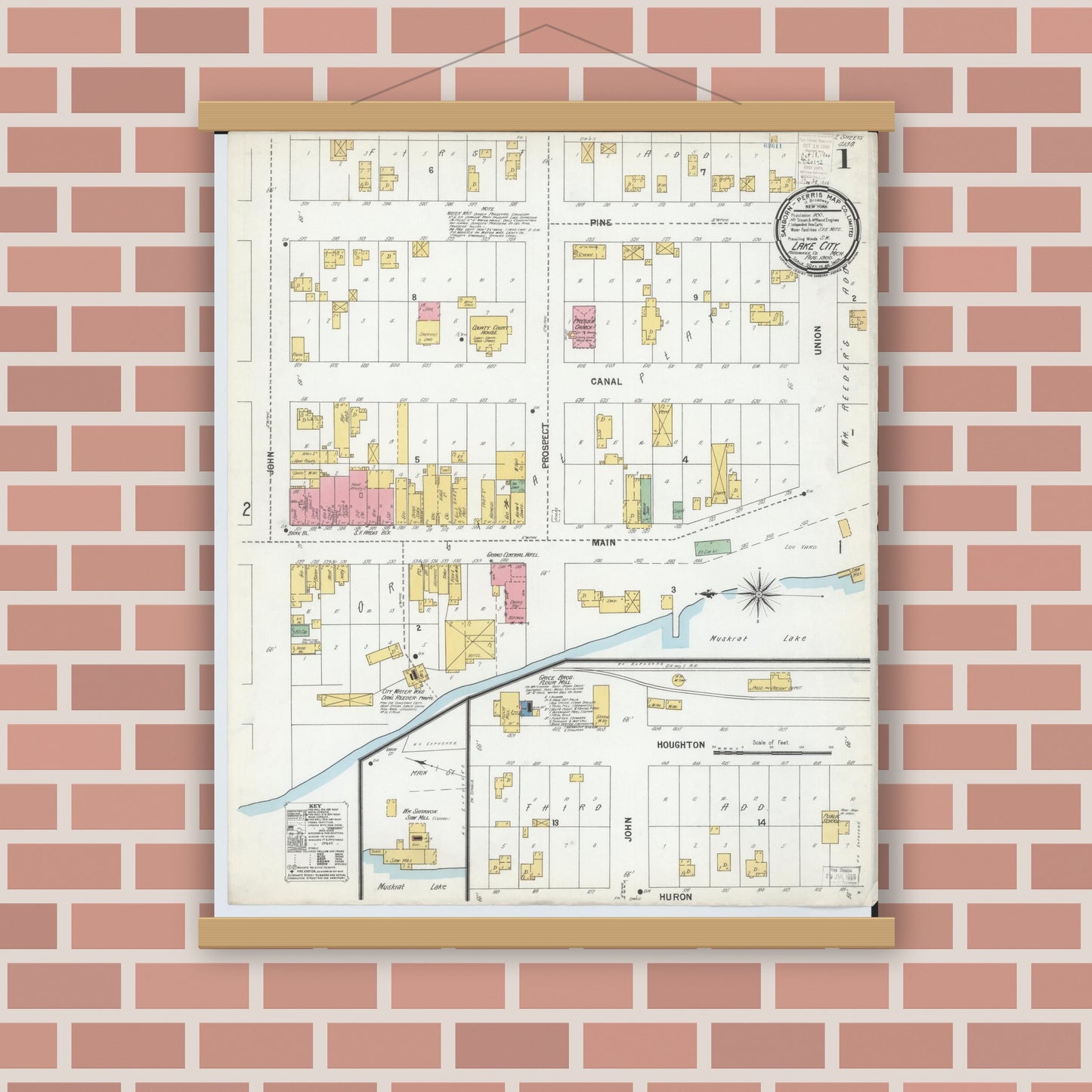 Old map wall art mockup — magnetic wood frame on brick wall — Sanborn Fire Insurance Map from Lake City, Missaukee County, Michigan (1900) - Complete Map Set