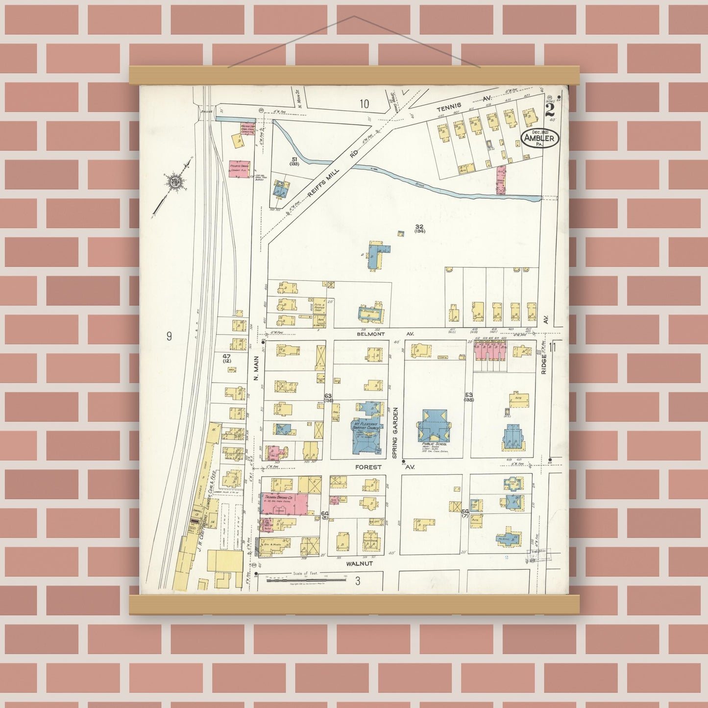 Old map wall art mockup — magnetic wood frame on brick wall — Sanborn Fire Insurance Map from Ambler, Montgomery County, Pennsylvania (1921), Sheet #0002