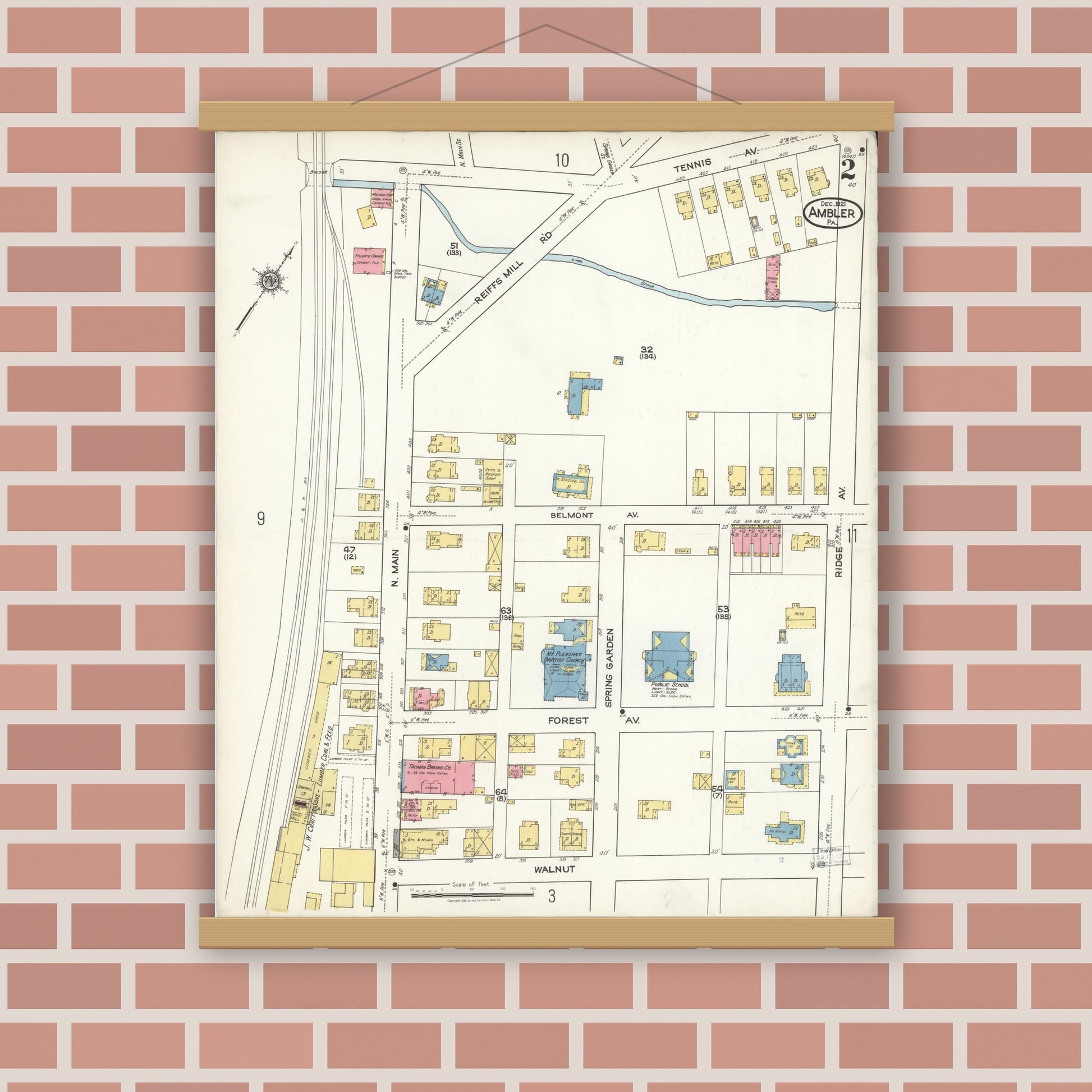 Old map wall art mockup — magnetic wood frame on brick wall — Sanborn Fire Insurance Map from Ambler, Montgomery County, Pennsylvania (1921), Sheet #0002